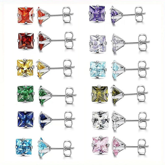 Square Colored Rhinestone Stud Earrings [304 Stainless Steel,]