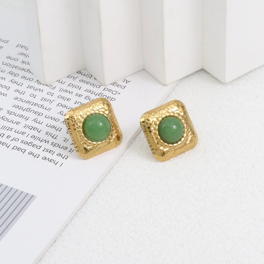 Square Natural Stone Ear Studs [304 Stainless Steel,18K Gold Plated]