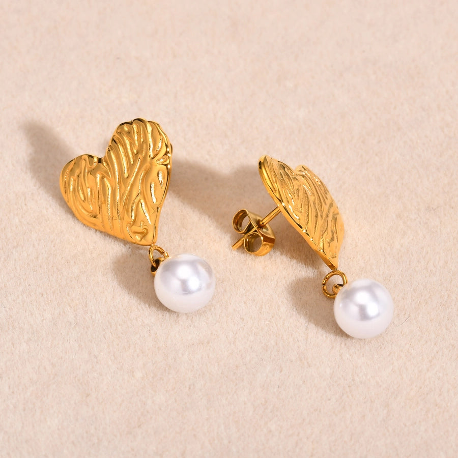 Heart Shape Artificial Pearls Earrings [201 Stainless Steel,18K Gold Plated]