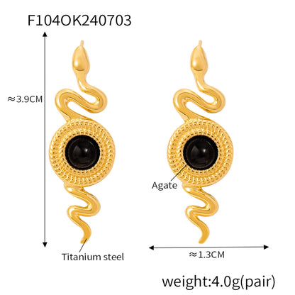 Boucles d'oreilles d'agate de pierre naturelle de serpent rond [304 en acier inoxydable, 18 km plaqués à l'or]