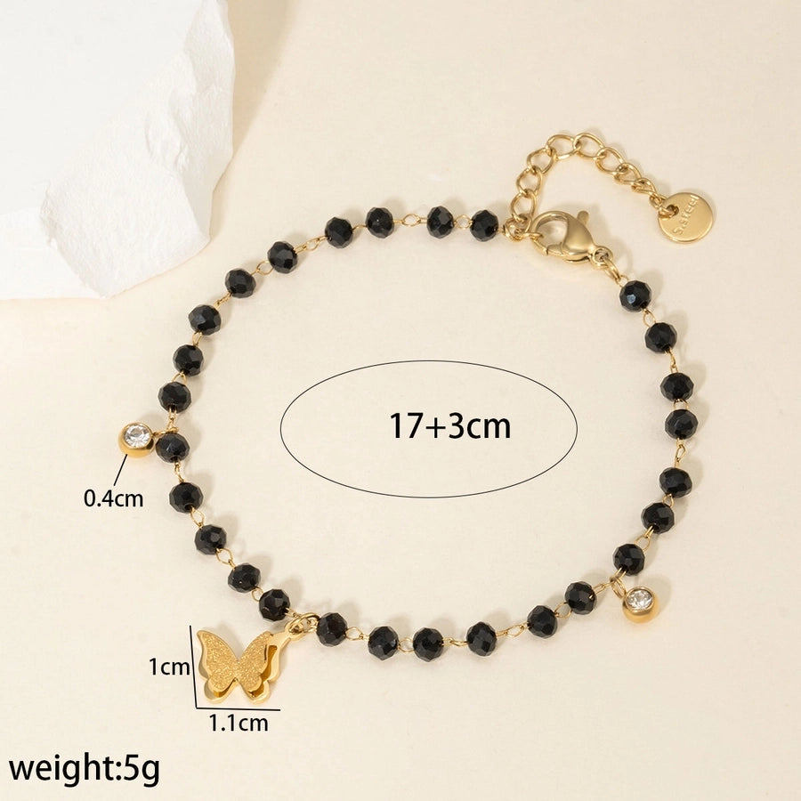 Black Beads Chain Bracelets[304 Stainless Steel, 14K Gold Plated]