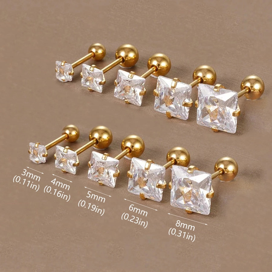 Golden Four-Claw Square Synthetic Zircon Stud Earrings [316 Stainless Steel]