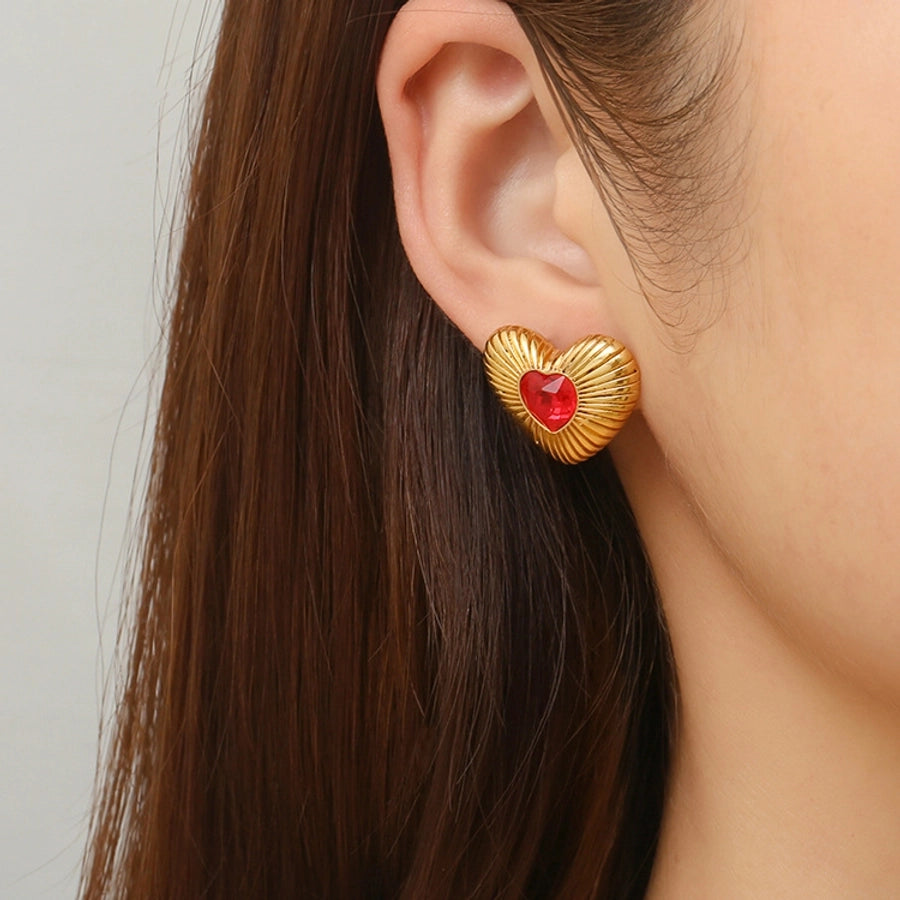 Red Zircon Heart Stud Earrings [304 Stainless Steel]