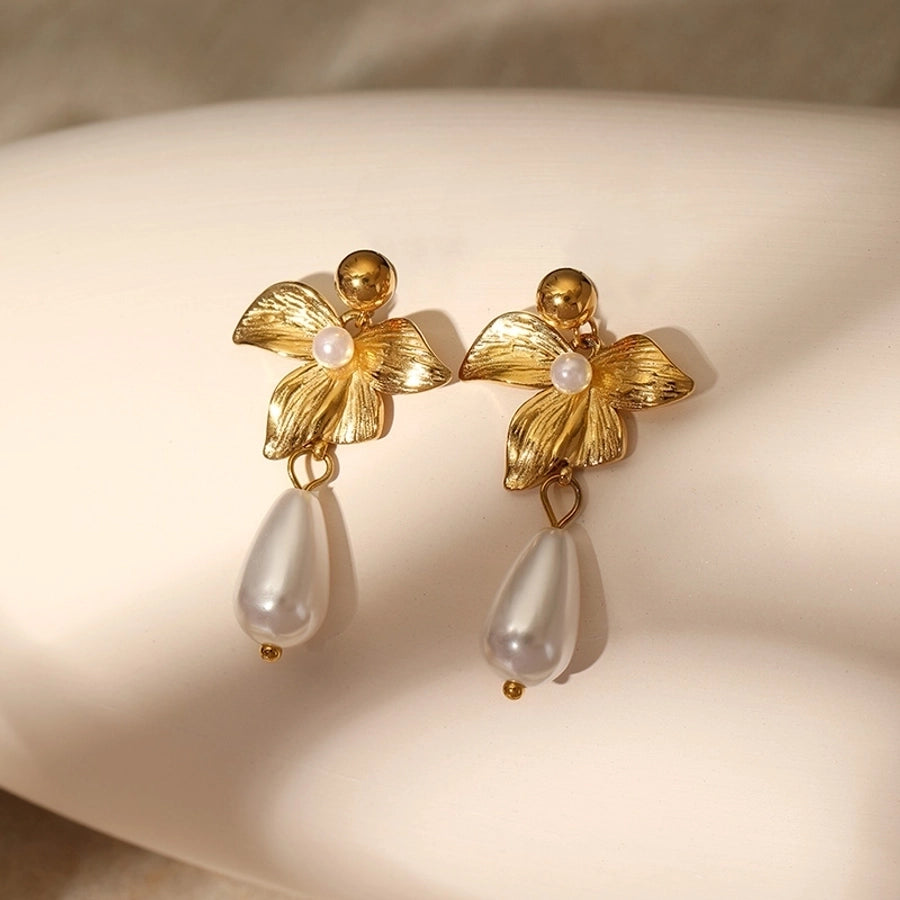 Flower Artificial Pearls Drop Earrings [304 Stainless Steel,18K Gold Plated]