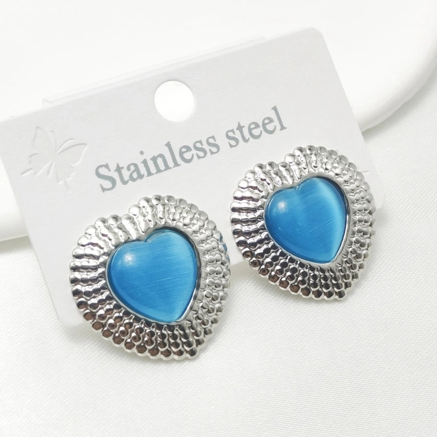 Silver Heart Stone Earrings [304 Stainless Steel]