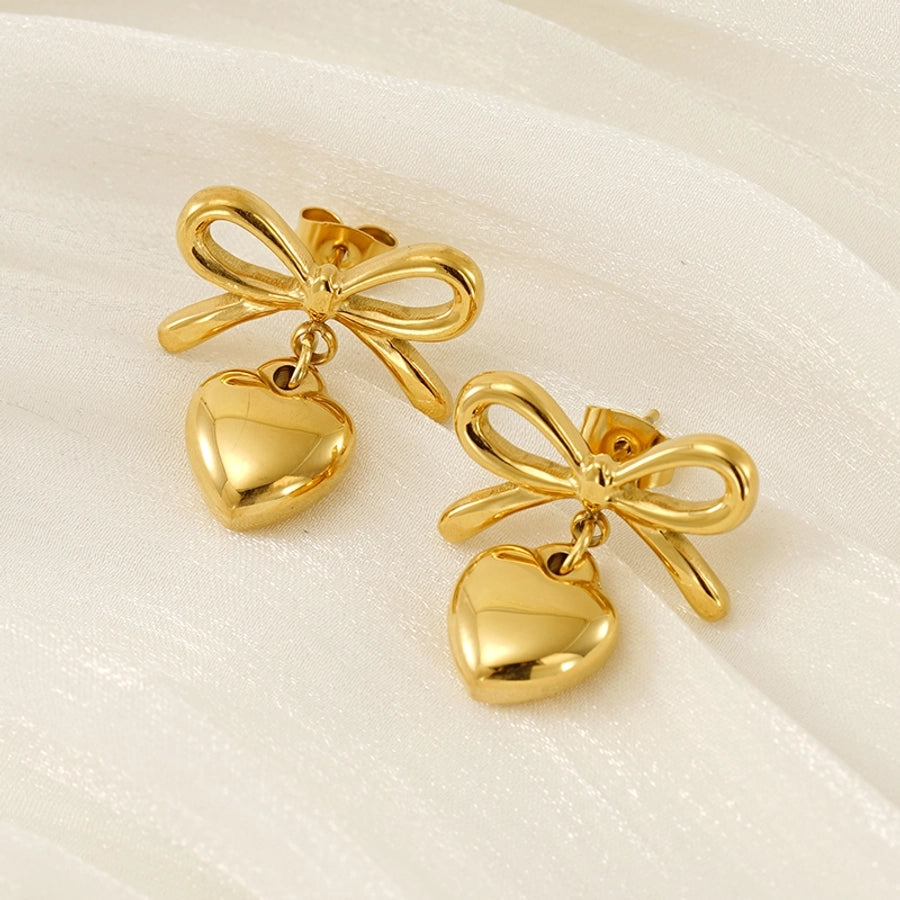 Heart Shape Bow Knot Earrings [304 Stainless Steel,18K Gold Plated]