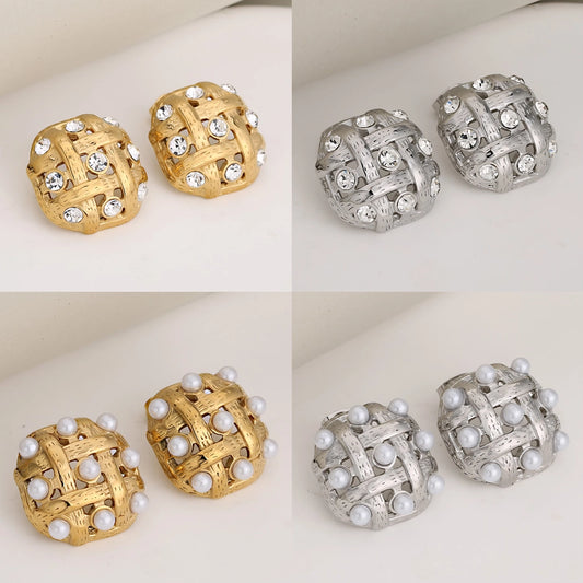 Luxe Square Grid Rhinestone -oorbellen [304 roestvrij staal, 18K GOUD PLATED]