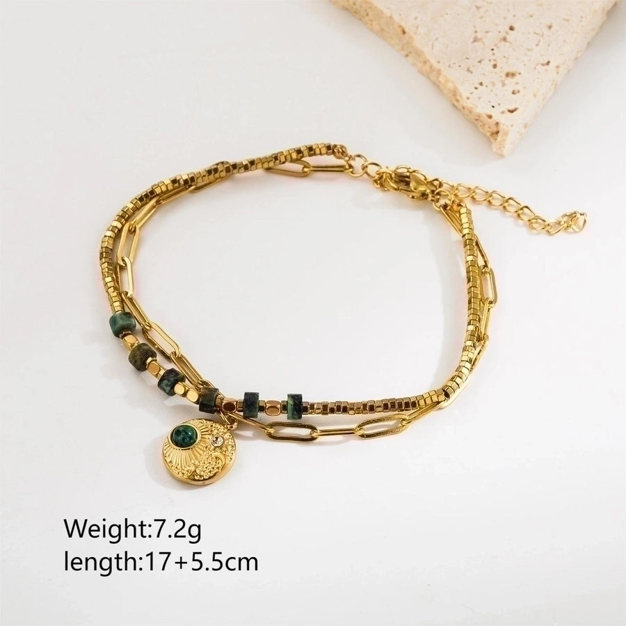 Natural Stone Beaded Bracelets [304 Stainless Steel,18K Gold Plated]