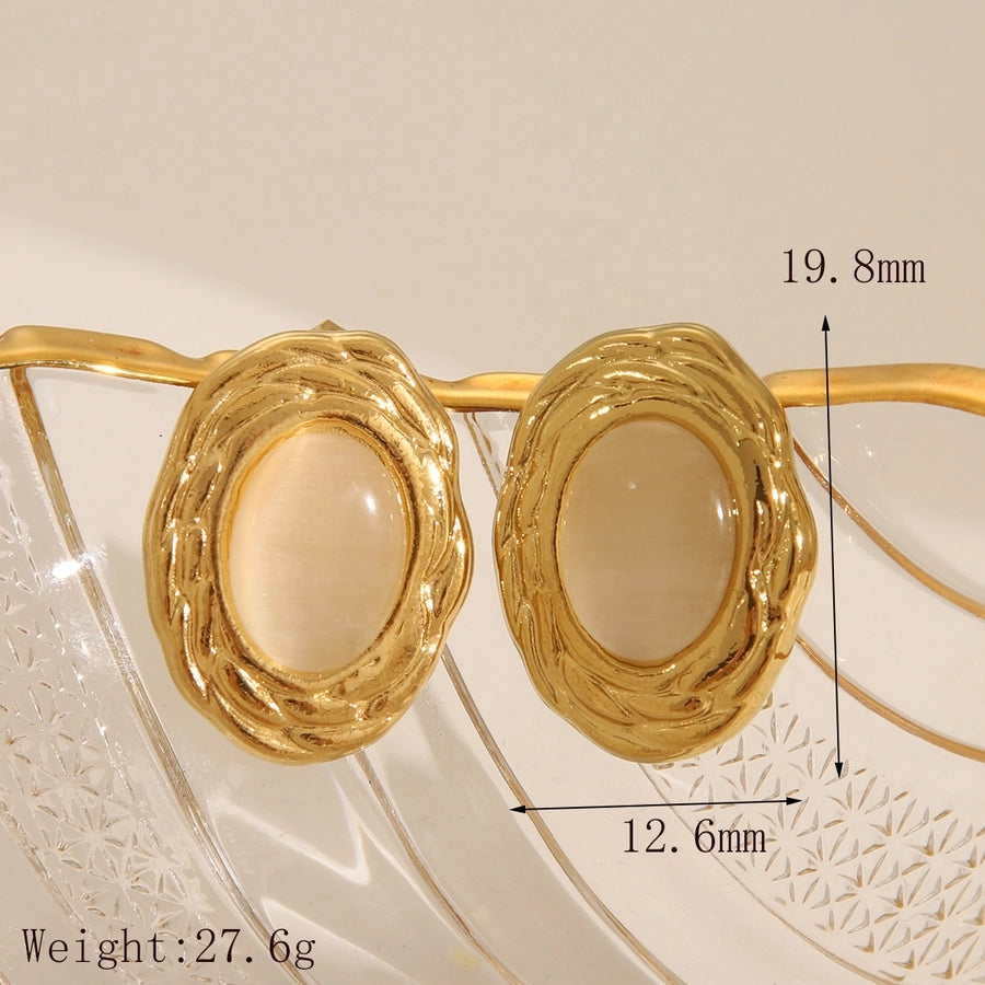 Oval Natural Stone Ear Studs [304 Stainless Steel,18K Gold Plated]