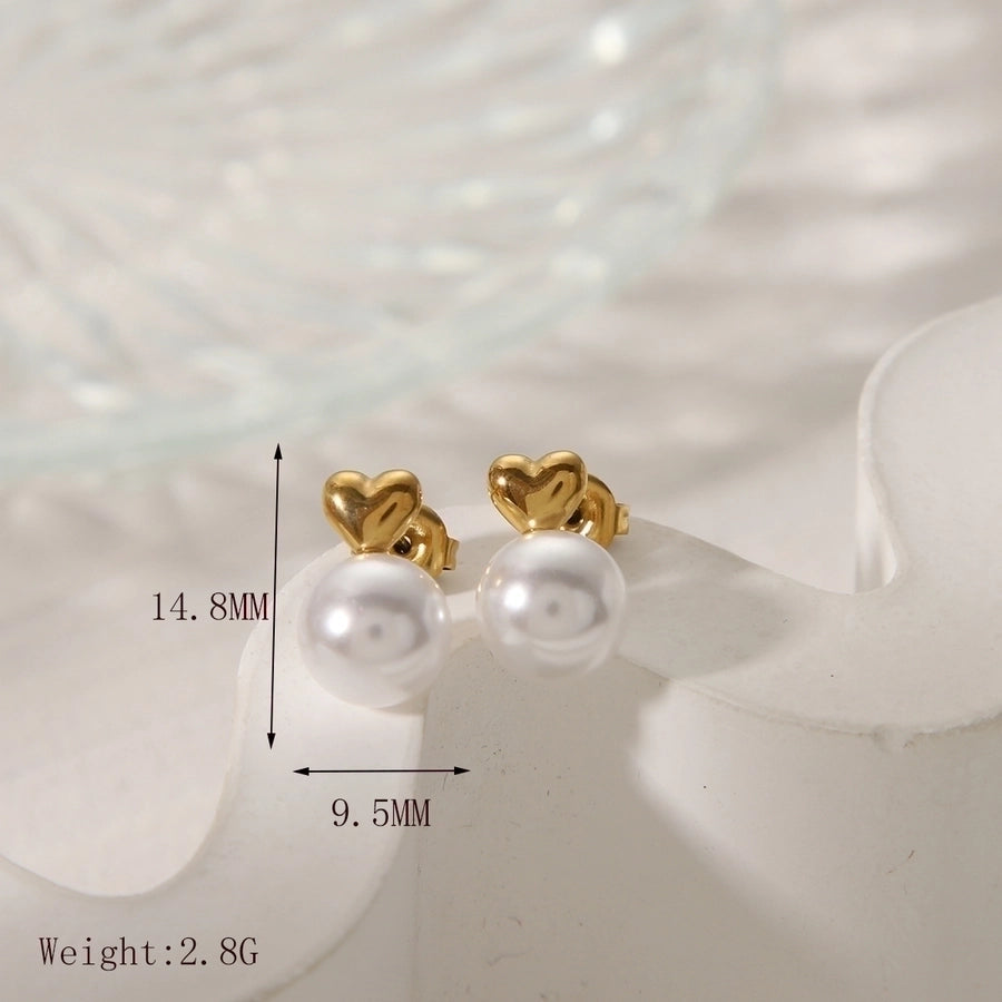 Heart Shape Artificial Pearls Earrings [304 Stainless Steel,14K Gold Plated]