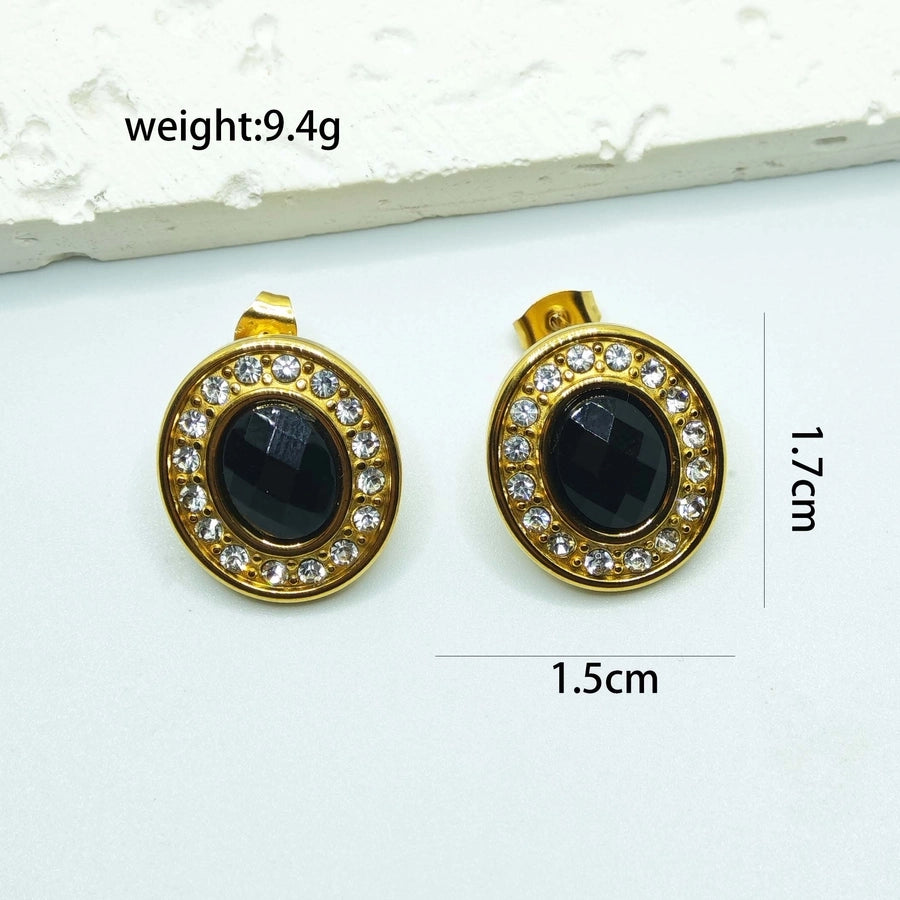 Oval Stone Earrings [304 Stainless Steel,18K Gold Plated]