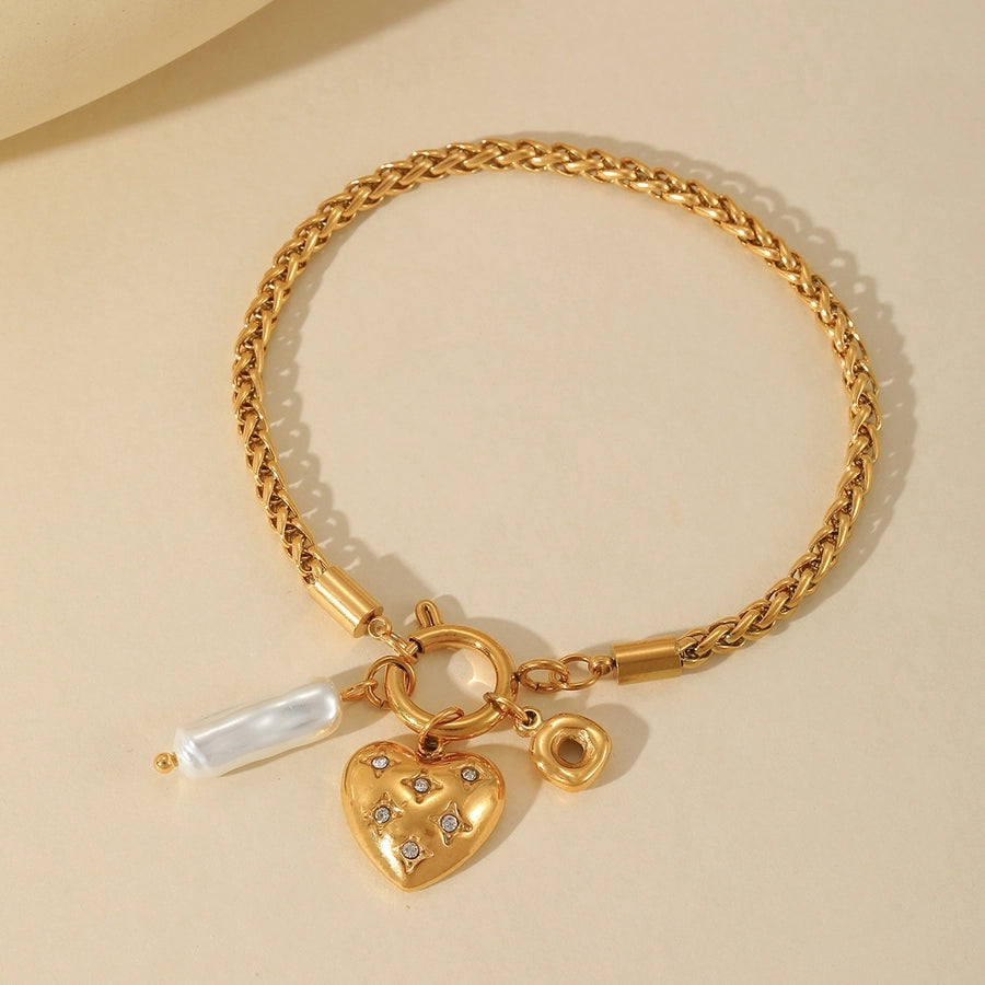 Cross Heart Shape Flower Pearl Bracelet [304 Stainless Steel 18K Gold Plated]