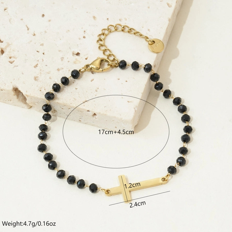 Black Beads Chain Bracelets[304 Stainless Steel, 14K Gold Plated]