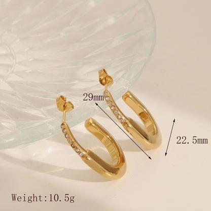 Silver Gold U Shape Zircon Earrings [304 Stainless Steel,18K Gold Plated]