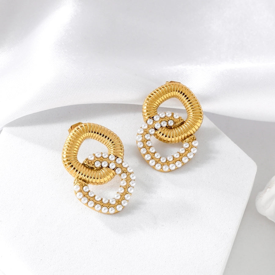 Vintage Style Double Ring Artificial Pearls Earrings [304 Stainless Steel,18K Gold Plated]