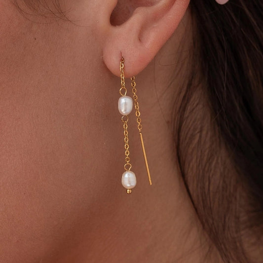 Boucles d'oreilles en perles d'eau douce [316L en acier inoxydable, 18 carats en or]