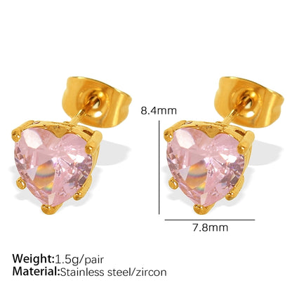 Pink White Zircon Heart Earrings/Necklace [304 Stainless Steel, 18K Gold Plated]