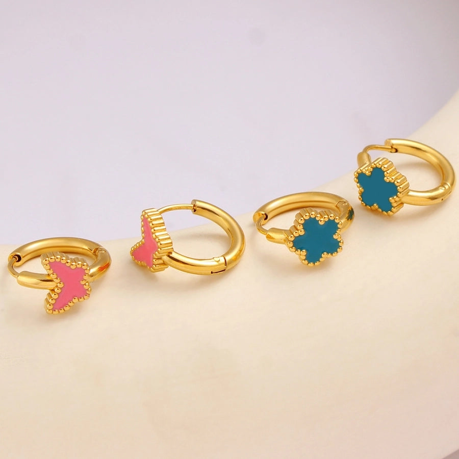 Blue Pink Flower Butterfly Enamel Earrings [304,316 Stainless Steel,18K Gold Plated]