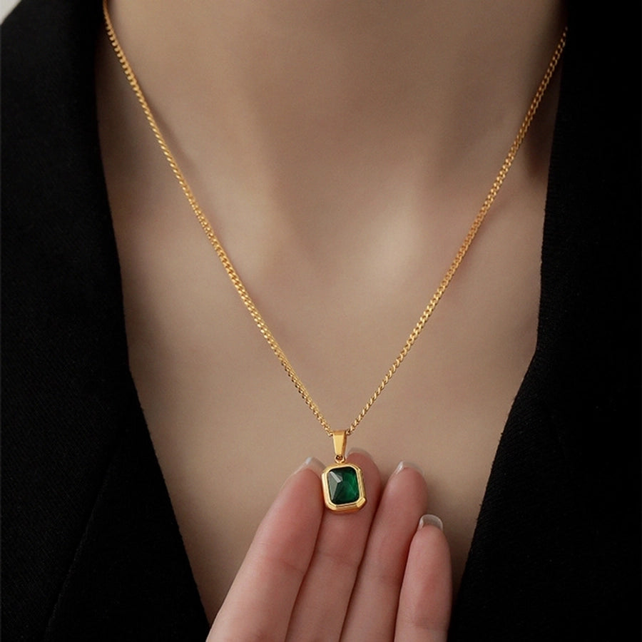 Groene vierkant kunstmatige strass ketting [304 roestvrij staal, 18K vergulde goud]