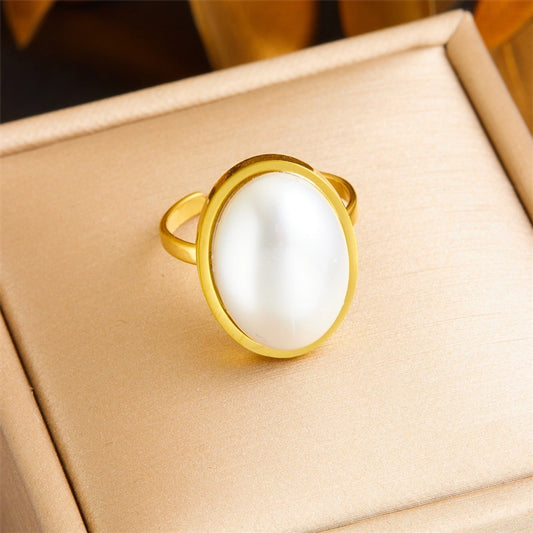 Oval Pearl Ring [304 Stainless Steel 18K Gold Plated]