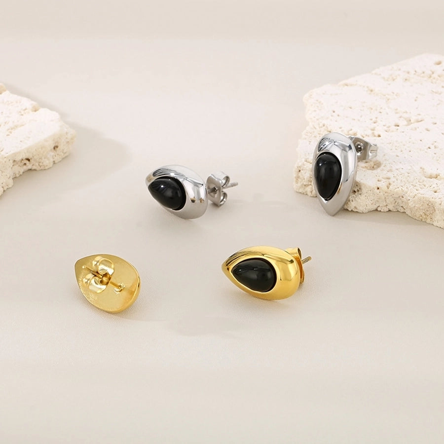 Black Stone Water Droplets Earrings [304 Stainless Steel, 18K Gold Plated]