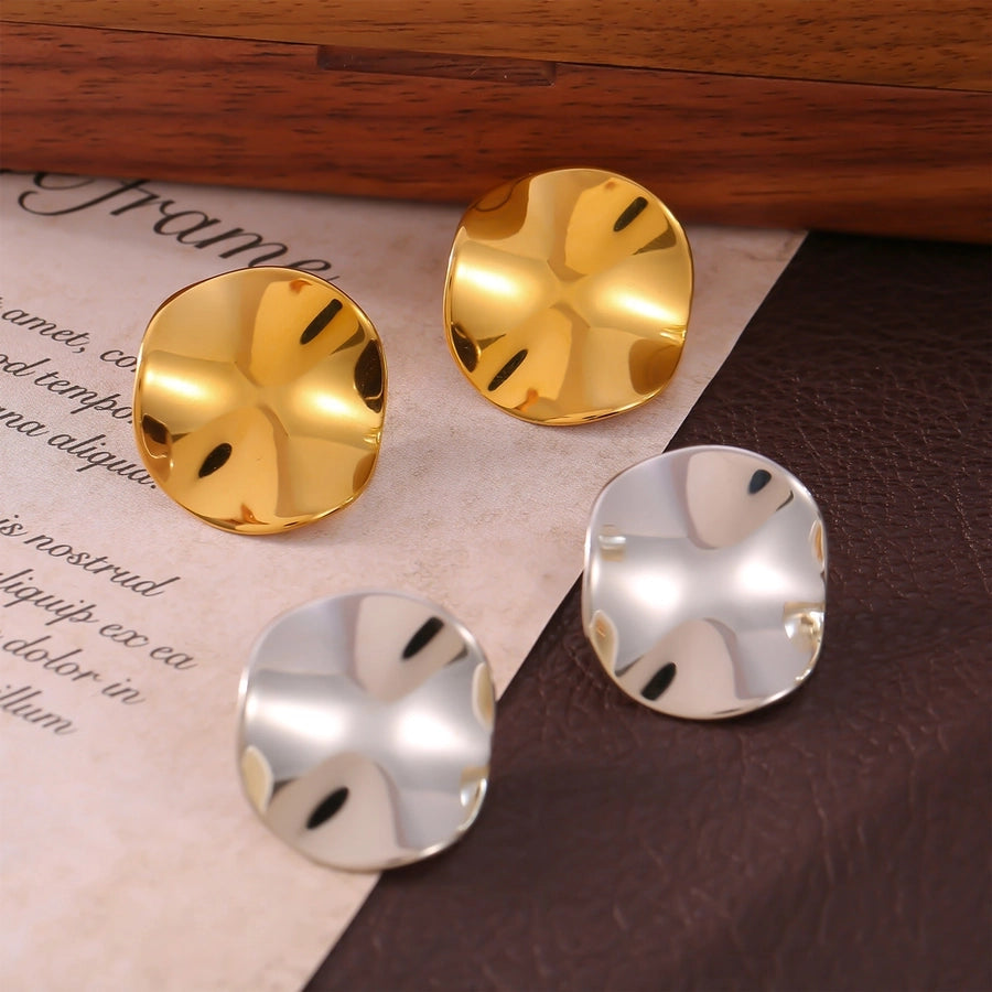 Flat Round Pleated Earrings [304 Stainless Steel,18K Gold Plated]