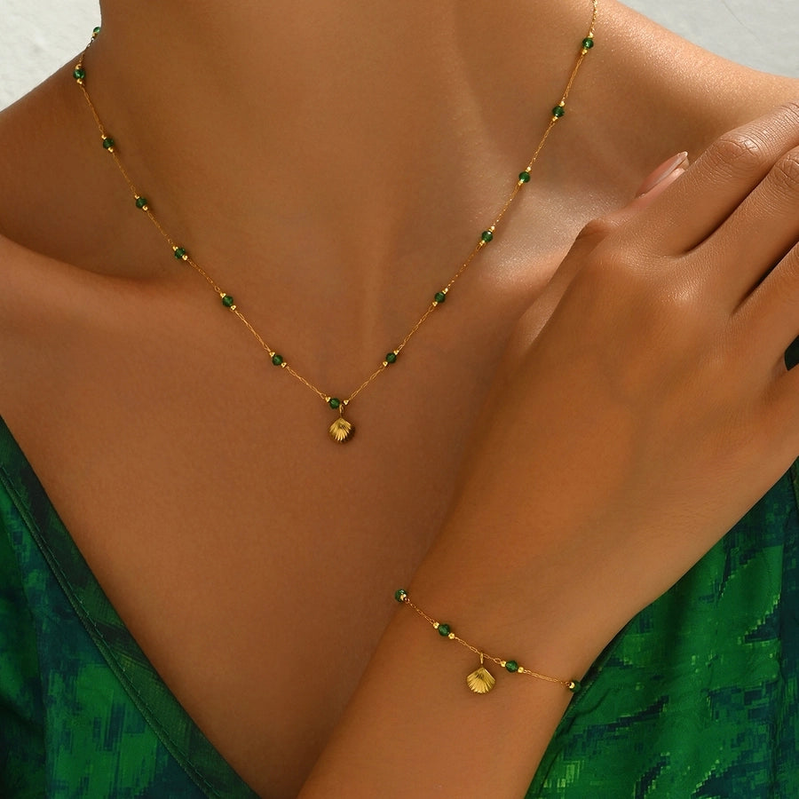 Green Beaded Shell Jewelry Set [304 Stainless Steel]